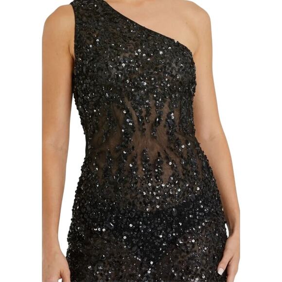 Mac Duggal Size 10 NWT 10977 Black One Shoulder Sheer Hand Sequined Mini Dress - Picture 2 of 9